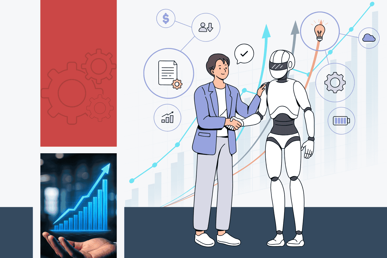 “A person shaking hands with a robot, symbolizing AI-powered business growth.”