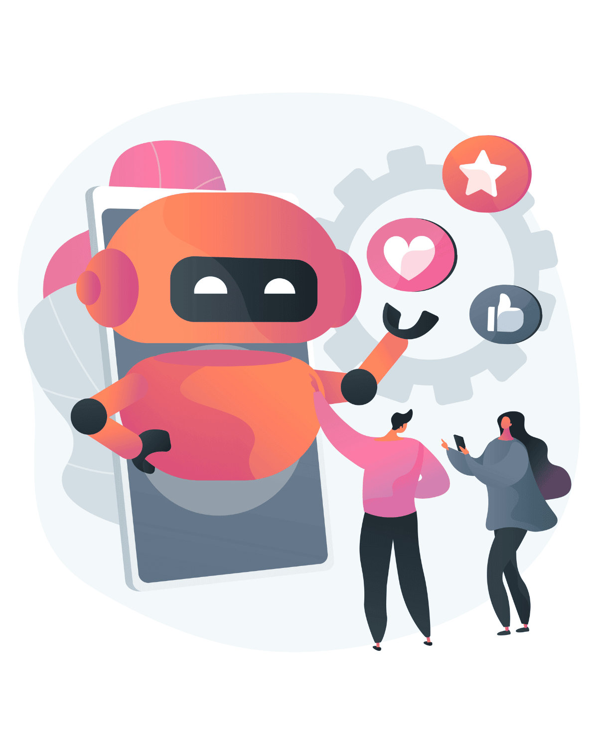 A friendly orange robot emerging from a smartphone screen, interacting with two people while floating social media icons like heart, star, and thumbs-up appear around it.