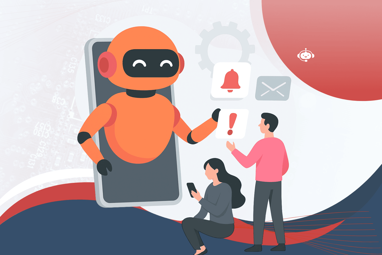 An illustration of a friendly orange robot emerging from a smartphone screen, assisting two people by showing alert, notification, and message icons.