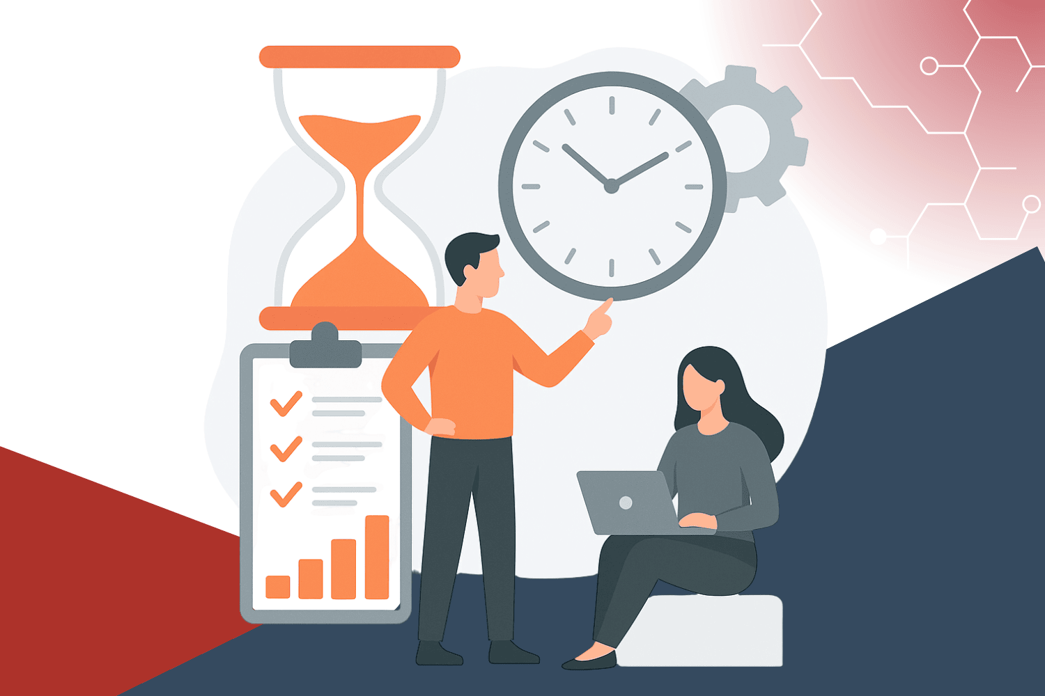 An illustration of a man pointing at a large clock while a woman works on a laptop, with an hourglass, checklist, and bar chart symbolizing time management and productivity.