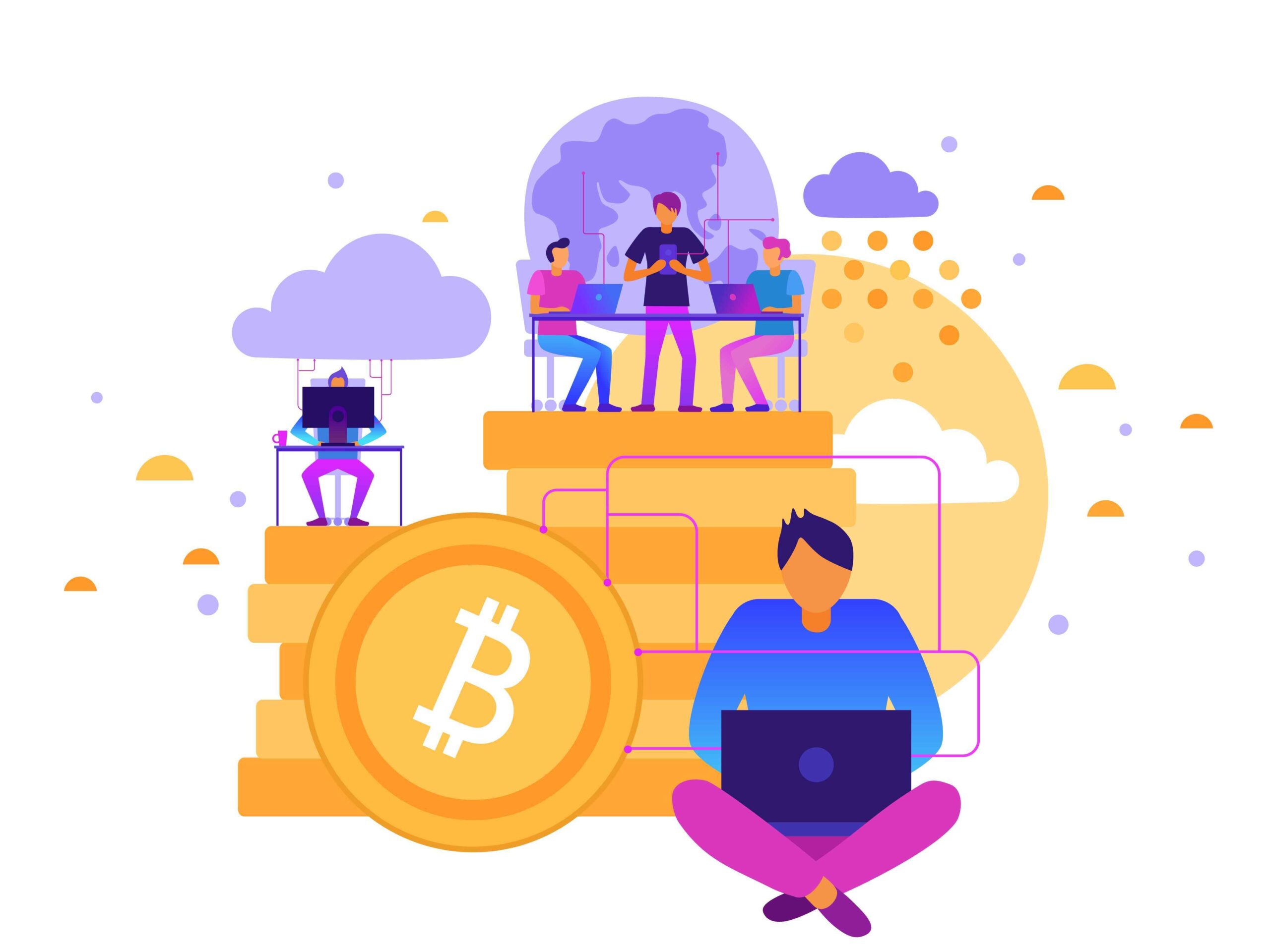 "Illustration of people working on laptops around large Bitcoin coins, symbolizing blockchain technology and future digital innovation."