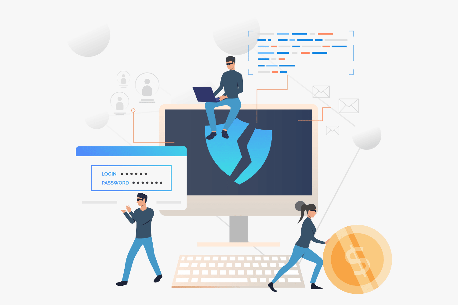 Illustration of cybercriminals hacking a computer, stealing login credentials and money, with a broken security shield displayed on the screen.