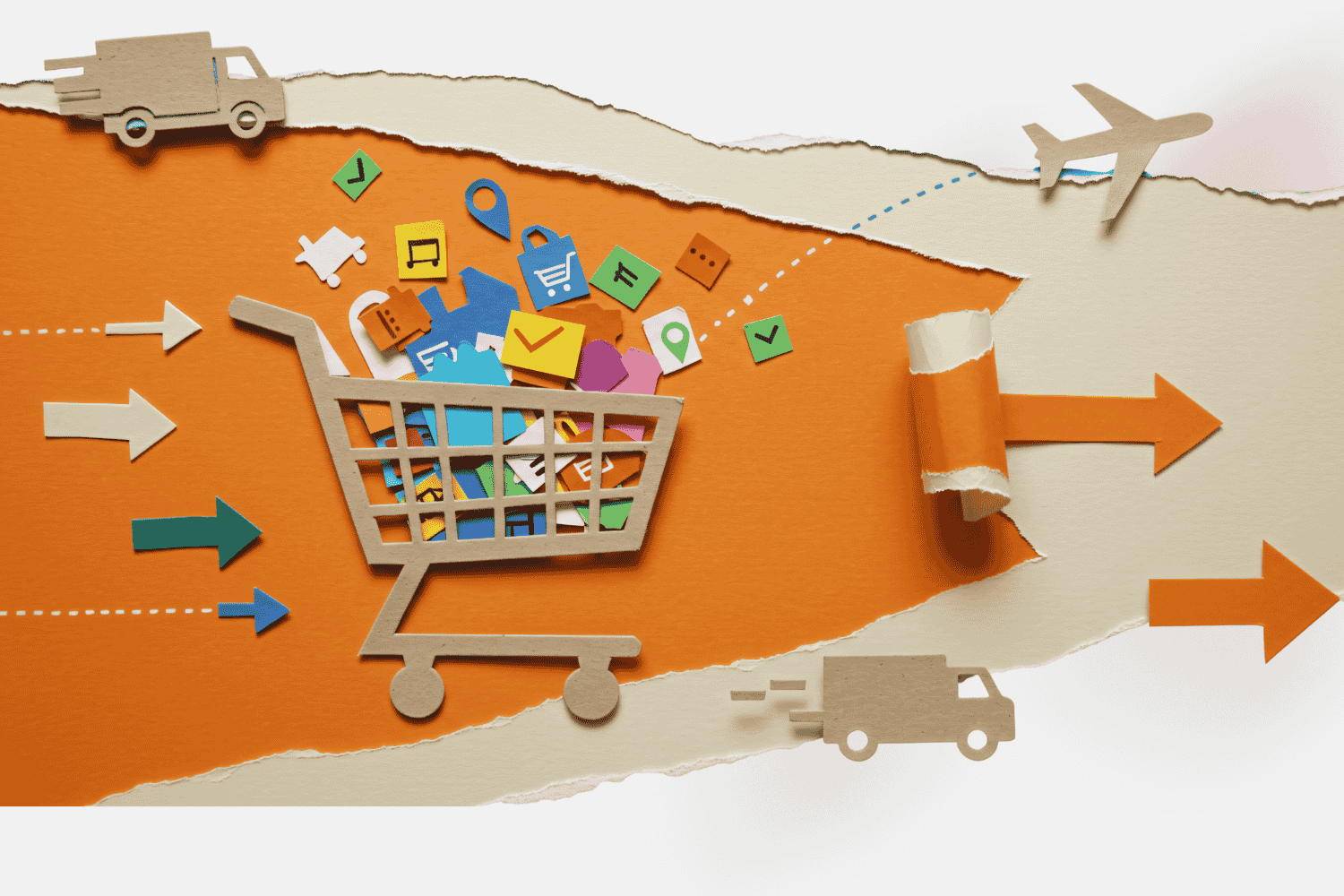 A paper-cut style illustration of a shopping cart filled with colorful digital icons, surrounded by arrows showing movement, with delivery trucks and an airplane symbolizing fast shipping and e-commerce logistics.