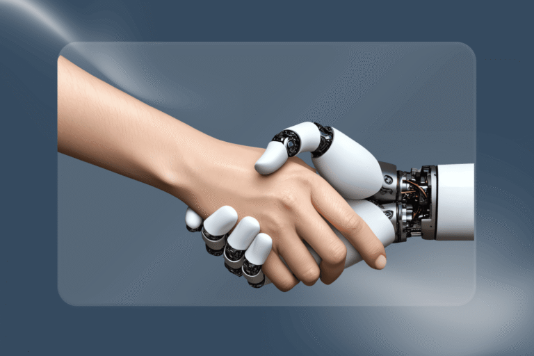 “A human hand shaking hands with a robotic hand, symbolizing collaboration between humans and AI.”