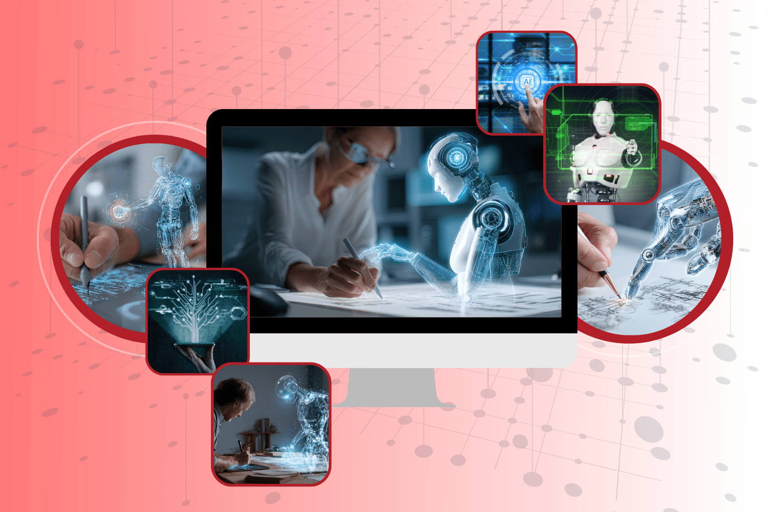 “Collage of humans collaborating with AI and humanoid robots, featuring holographic robots assisting in design, AI interfaces on digital screens, and robotic hands drawing alongside human designers, symbolizing advanced human–AI cooperation.”