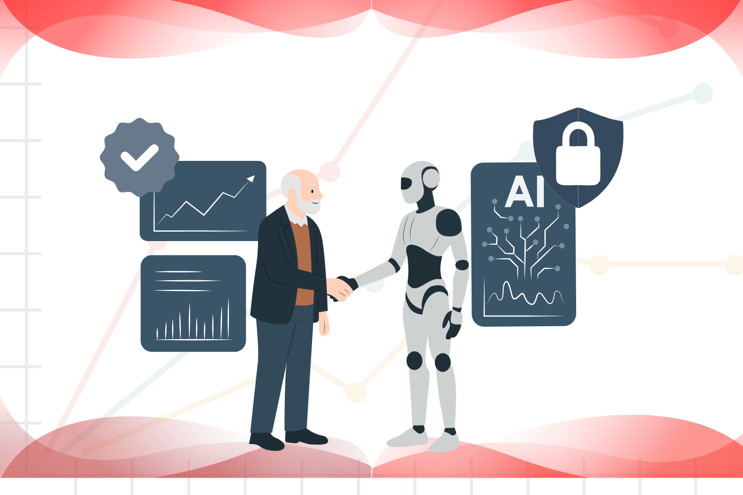 “Illustration of a human shaking hands with a robot, symbolizing AI collaboration, with charts showing data growth and icons representing security and artificial intelligence.”
