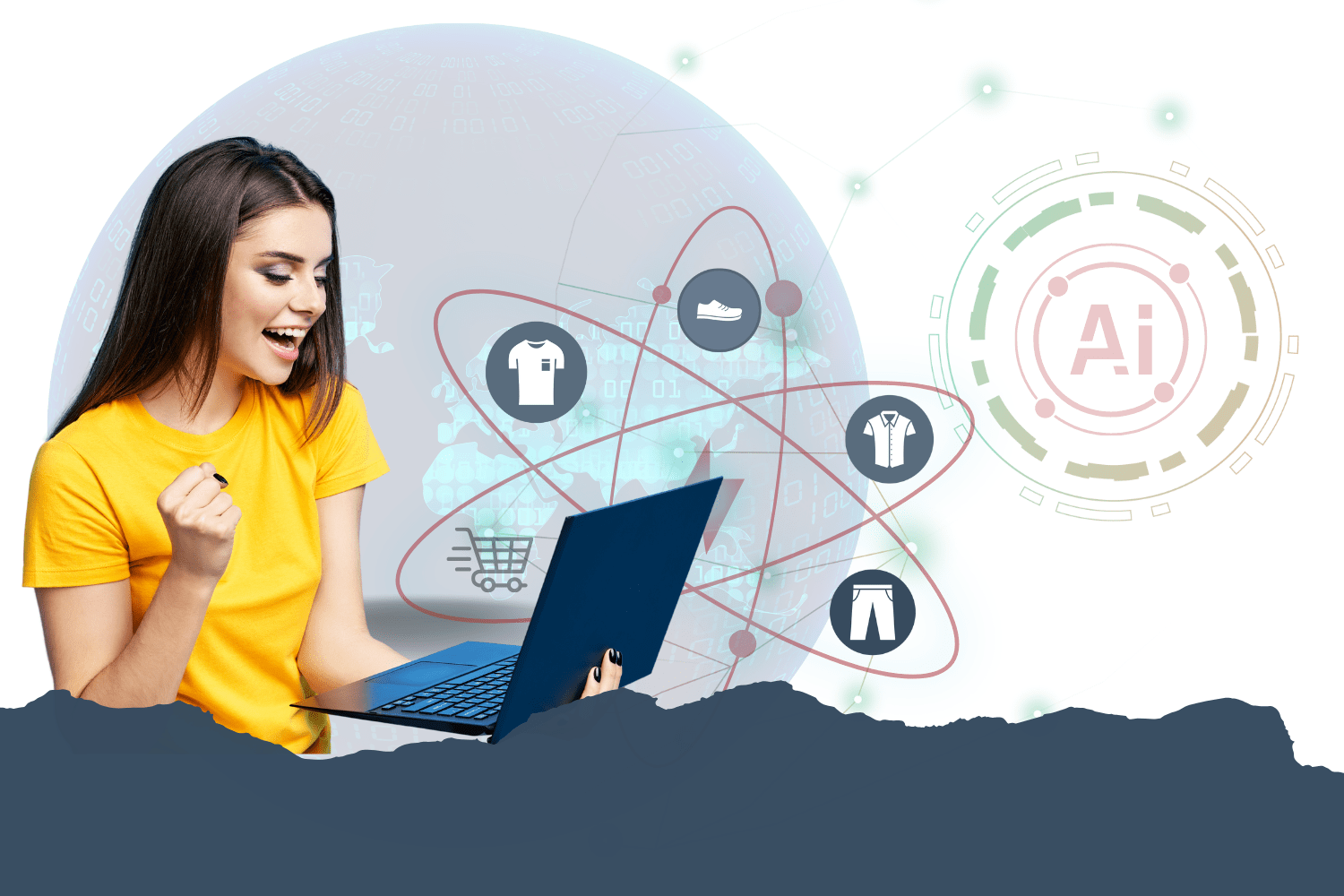 “A woman happily using a laptop with AI-powered personalized shopping icons around her, including clothing items and a shopping cart, displayed over a digital globe background representing smart e-commerce technology.”