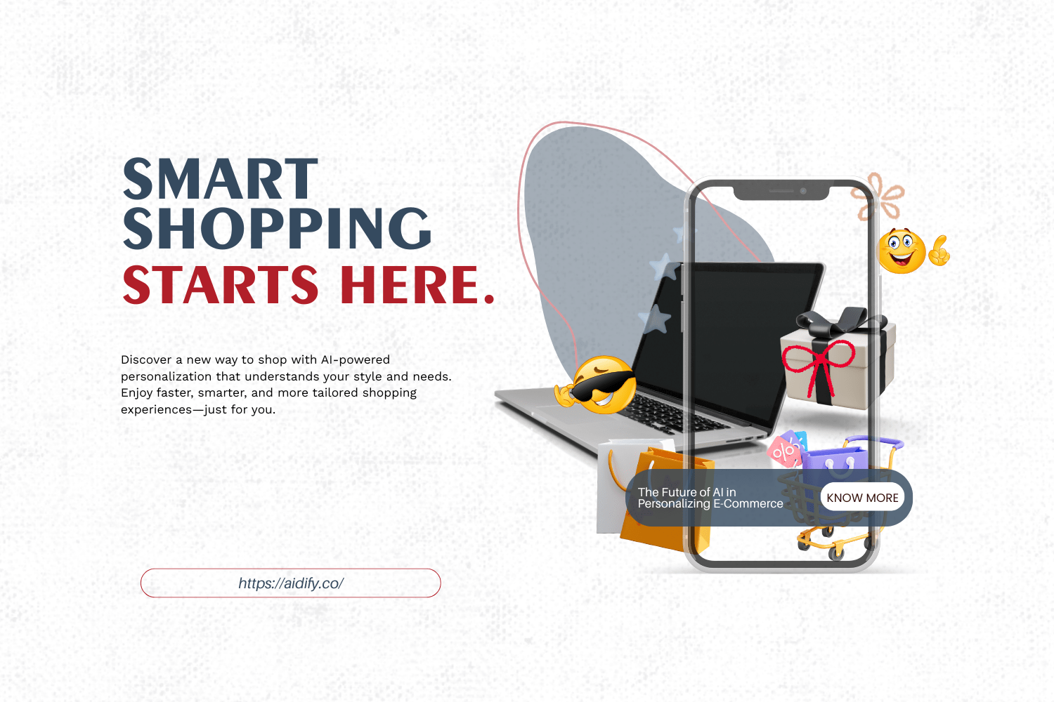 AI-powered smart shopping concept featuring a smartphone displaying e-commerce icons, gift boxes, shopping cart, and laptop, with the headline ‘Smart Shopping Starts Here’ promoting personalized AI-based online shopping at Aidify