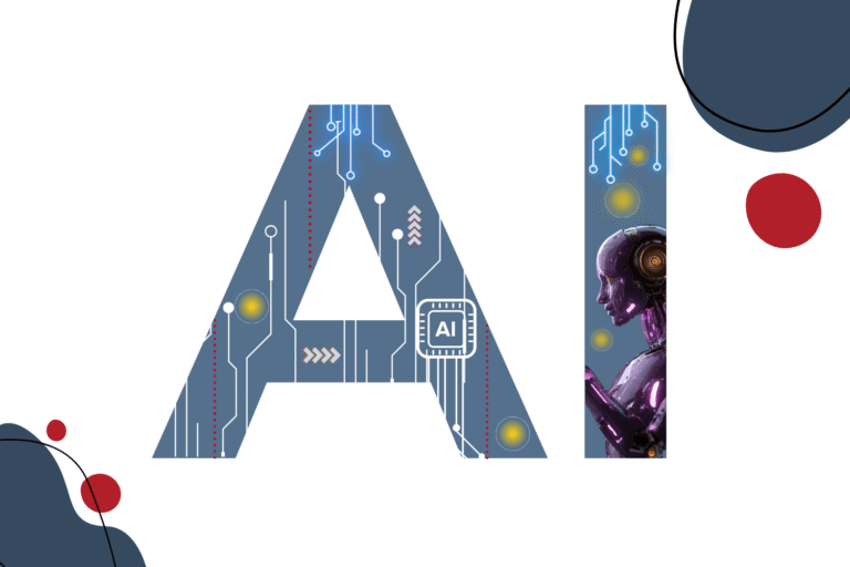 The letters “AI” designed with circuit-board patterns, featuring a robotic figure inside the letter “I,” representing artificial intelligence and futuristic technology.