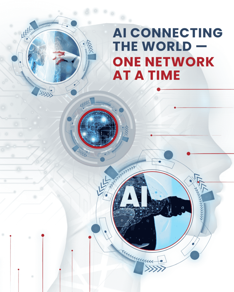 Graphic design featuring AI network connections, robotic interaction, and digital interface elements.