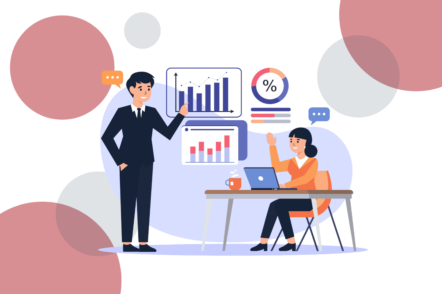 Business team analyzing growth charts and statistics in an office setting.