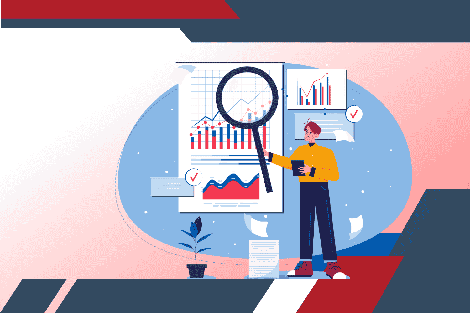 A person analyzing data charts with a large magnifying glass in front of multiple graphs and reports, representing data analysis, analytics, and performance tracking.