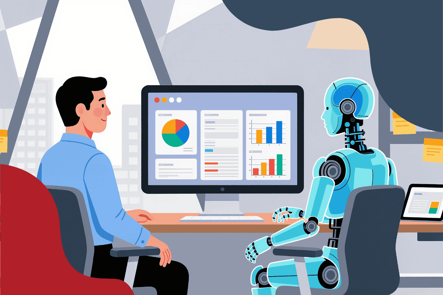 A human and a robot sitting together in front of a computer screen displaying charts and graphs, representing AI–human collaboration and data-driven decision-making.