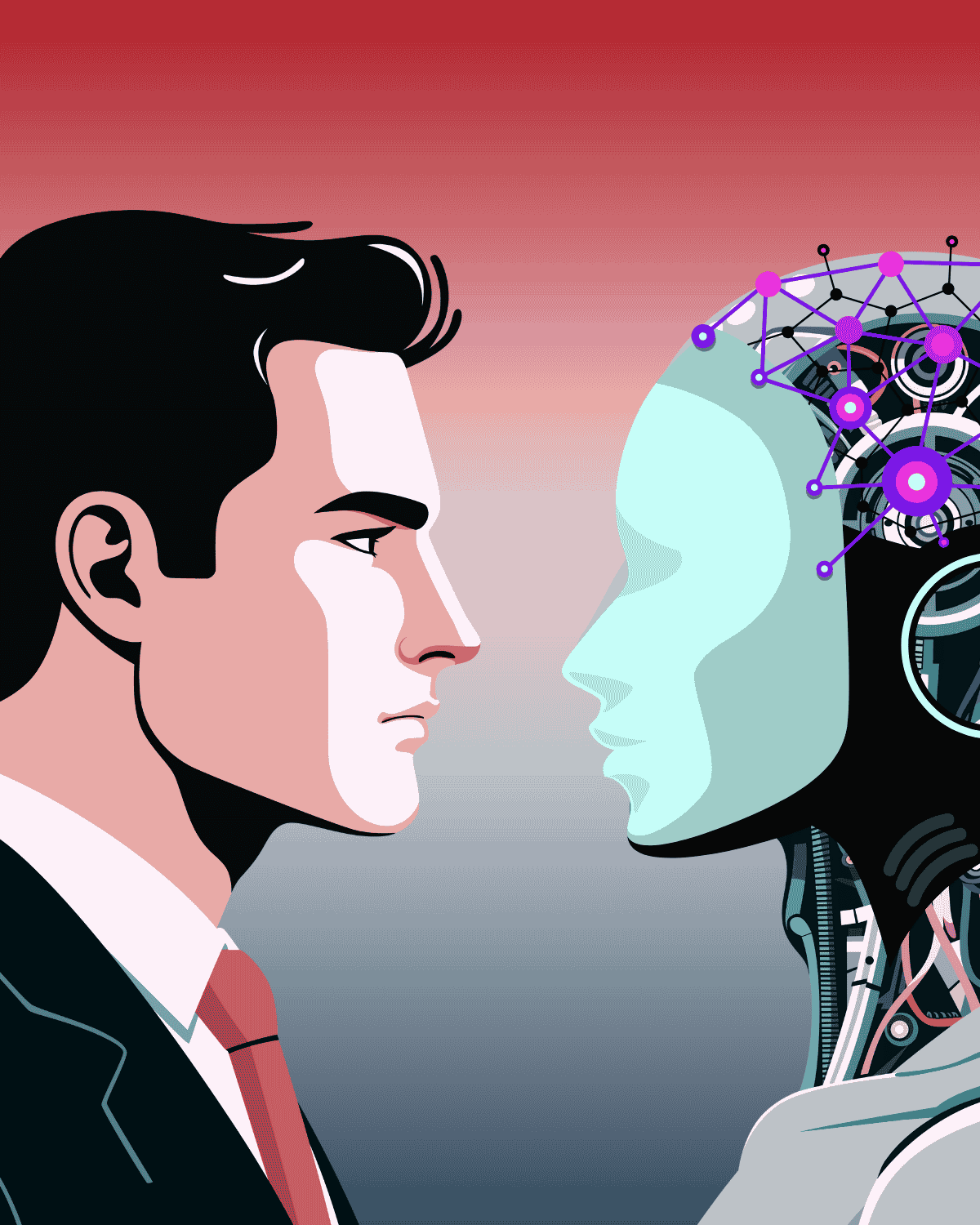 Business professional looking directly at an AI robot, representing the future of human–AI interaction.